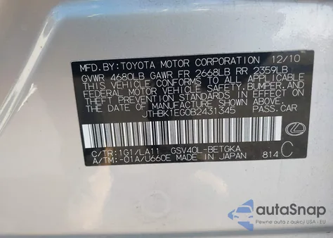 2011 Lexus Es 350 from USA, damaged, VIN JTHBK1EG0B2431345
